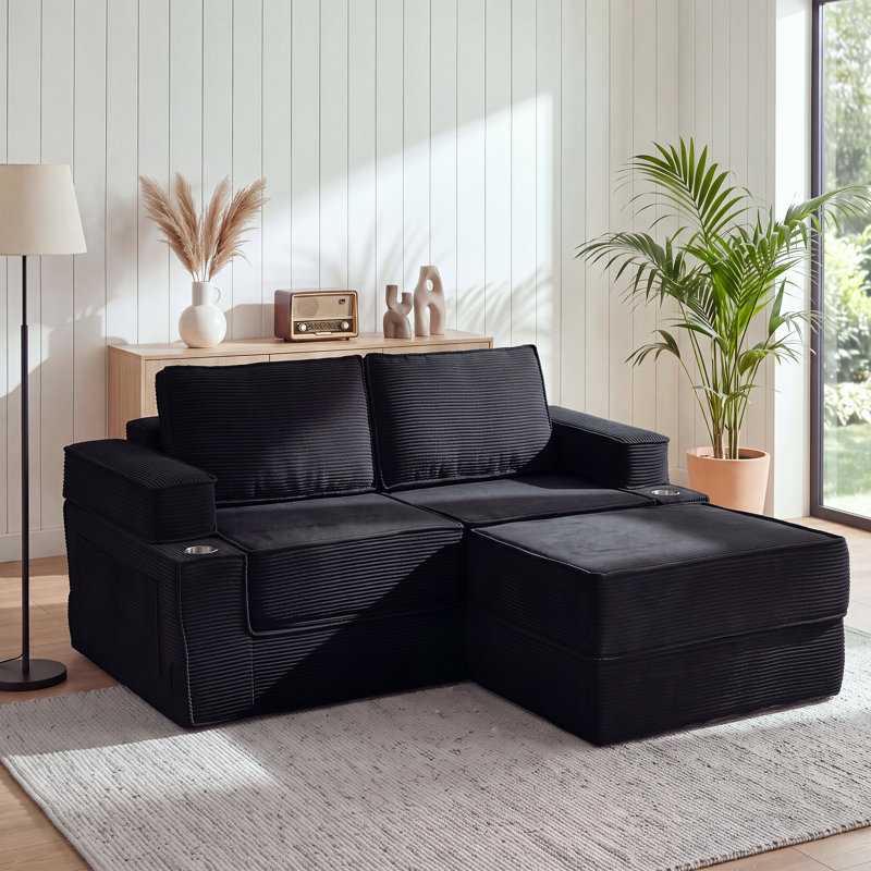 Canapé-lit futon pliable en velours côtelé de 190 cm (74,8 po), format queen, avec porte-gobelets et poches latérales - Aucun assemblage requis, noir