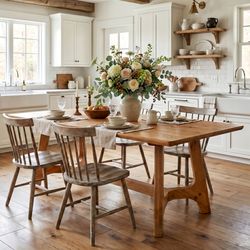 63-Inch Solid Wood Dining Table, Farmhouse Rectangular Kitchen Dinner Table For 4-6 People