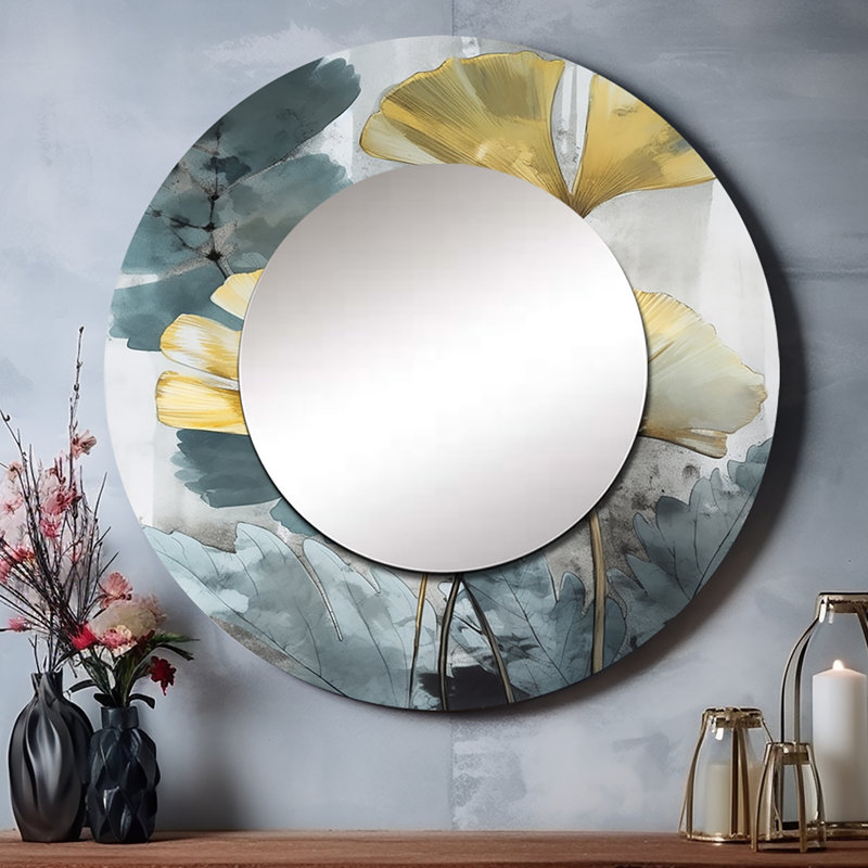 Paywand Palm Tropical Ginkgo Artwork II - miroir décoratif jaune, miroir mural rond traditionnel, impression d'art en métal