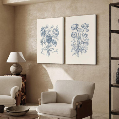 Blue Floral Wall Art Decor Vintage Flower Canvas Pictures Boho Botanical Wall Art Prints Minimalist Floral Poster Rustic Flower Painting For Bedroom Bathroom 16X24 Inch Framed Set Of 2