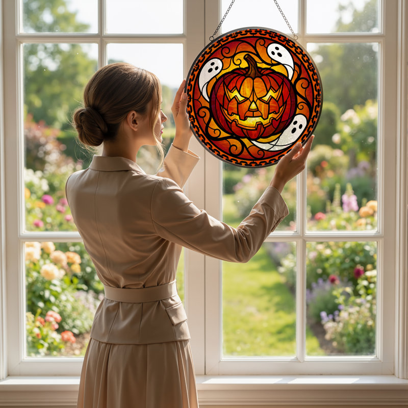 12"H Pumpkin Ghost Stained Glass Window Panel