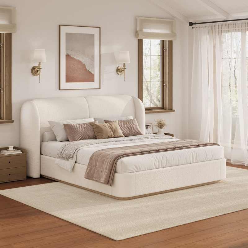 Henry Boucle Upholstered Platform Bed With Headboard & Wooden Slats, White, King