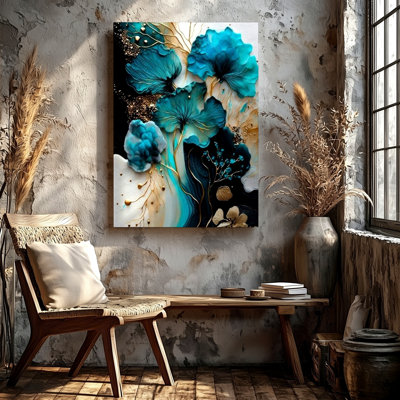 Teal Blue Floral Abstract Canvas Print Gold Accents Modern Home Decor Wall Art Print, Botanical Living Room Bedroom Hallway Decor, Modern Surreal Gallery Wall Accent for Apartment Loft Entryway Home Style