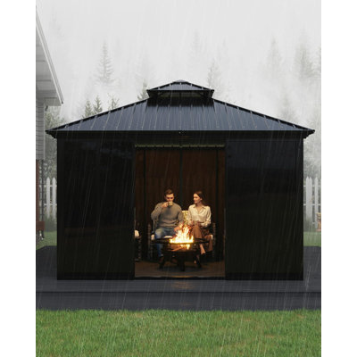 All-Season Enclosed Garden Sunroom Gazebo - 12x12 ft Hardtop Solarium with Floor-to-Ceiling Polycarbonate Sliding Doors, Double Roof, Durable All-Aluminum Alloy Frame - Ideal for Backyard, Deck, Hot Tub Enclosure - Black + Gray Acrylic Board