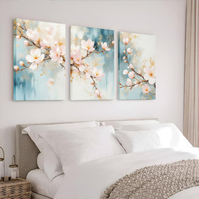 Cherry Blossom Floral Canvas Wrapped Wall Art, Oil Painting Print (Set of 3)