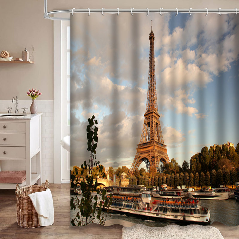 Rideau de douche romantique avec 12 crochets Paris Tour Eiffel, 72" L x 84" W