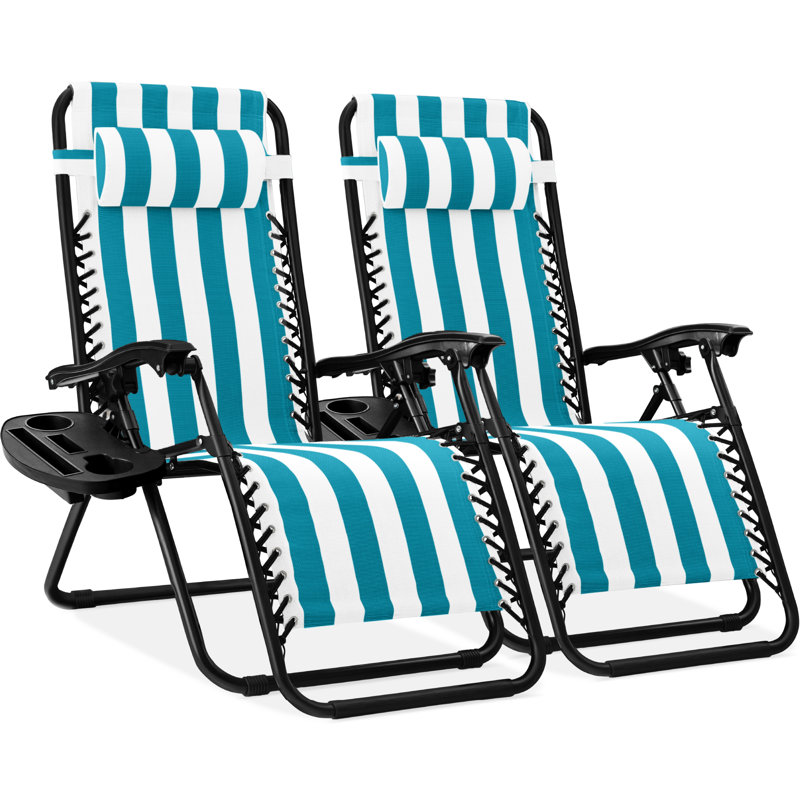  Set Of 2 Zero Gravity Lounge Chair Recliners For Patio, Pool W/ Cup Holder Tray - Peacock Striped, Black, Peacock Striped