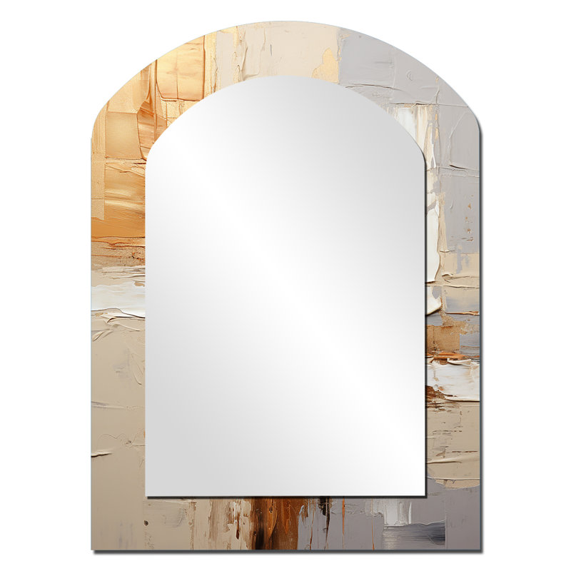 Beige Grey Geometric Collage II - Abstract Arch Decorative Mirror On Metal, 34" x 25"