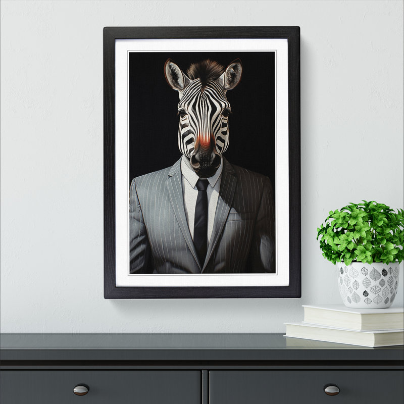 XYZ-FRM-V1223-1736 Zebra In A Suit Painting No.3 - Single Picture Frame Print on Wood, Black, 34cm H x 25cm W x 2cm D