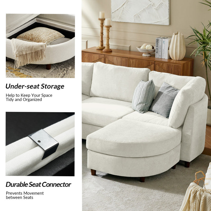 Johannes 318cm W 6-Seater Chenille Corner Sofa with Under-Seat Storage, Ivory