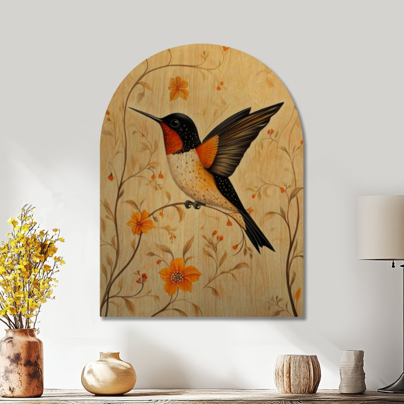 Décoration murale en bois arquée « Colibri de jardin folklorique » - Oiseaux couleur crème, H 24 po x l 18 po, Arche