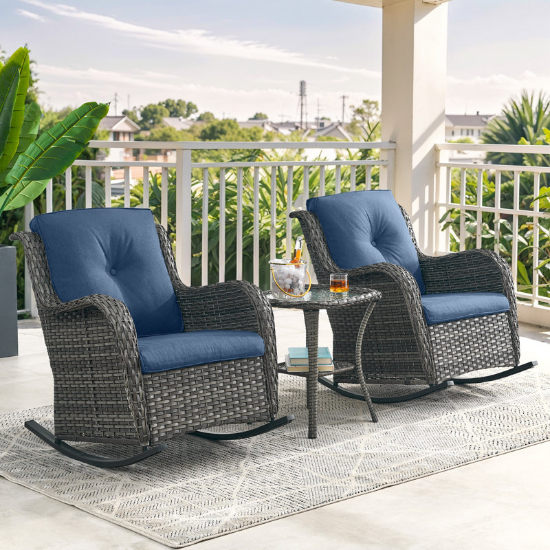 Ensemble de chaises berçantes d'extérieur en osier avec table d'appoint Bonia, Bleu, Gris