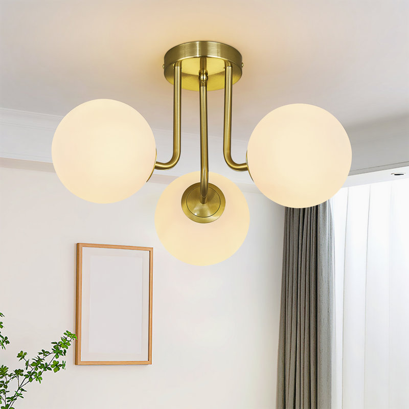 3-Light Semi Flush Mount Ceiling Light with White Globe Glass Shade, Gold