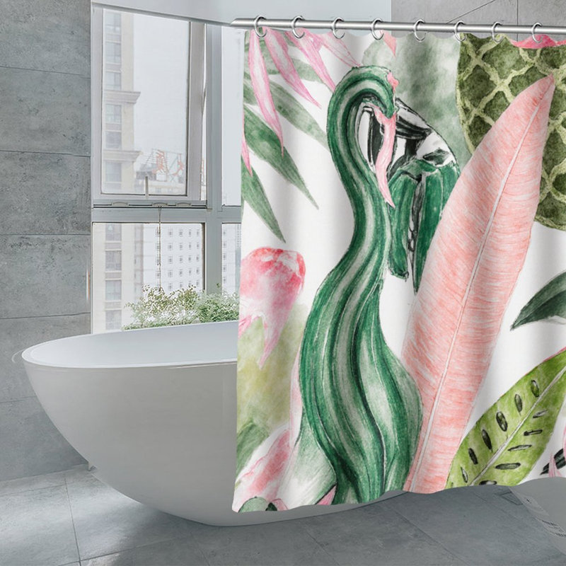Rideaux de douche Tropical Flamingo pour salle de bain, 71 po x 71 po, Vert / rose flamant tropical