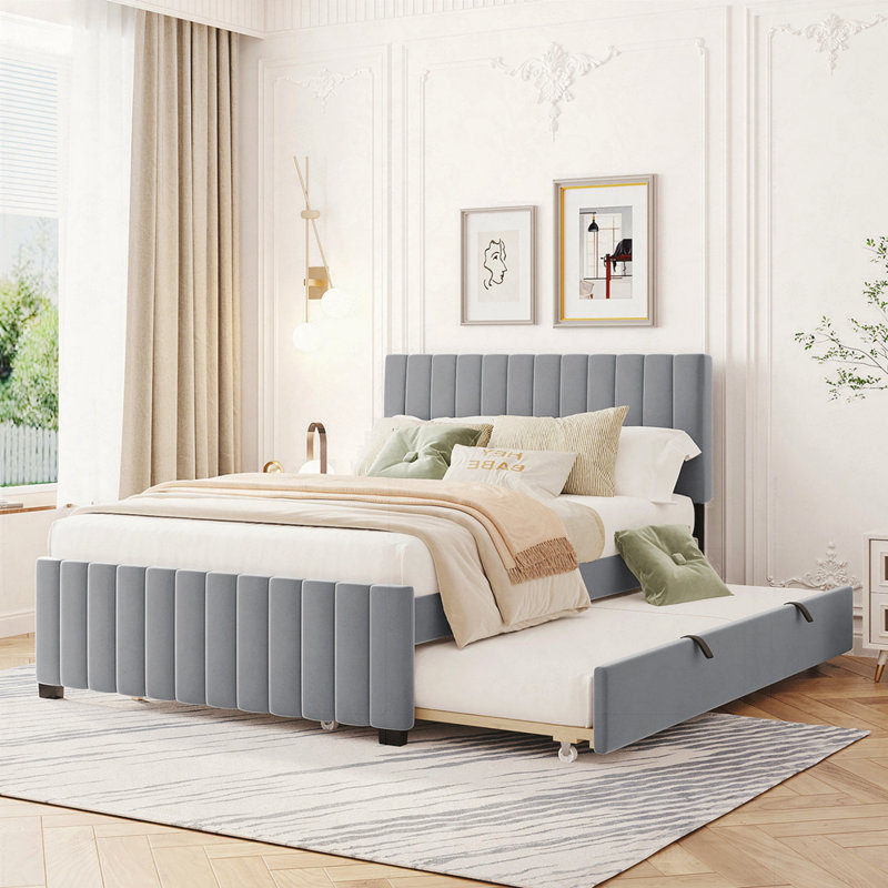 Lit plateforme double en velours avec lit gigogne, gris