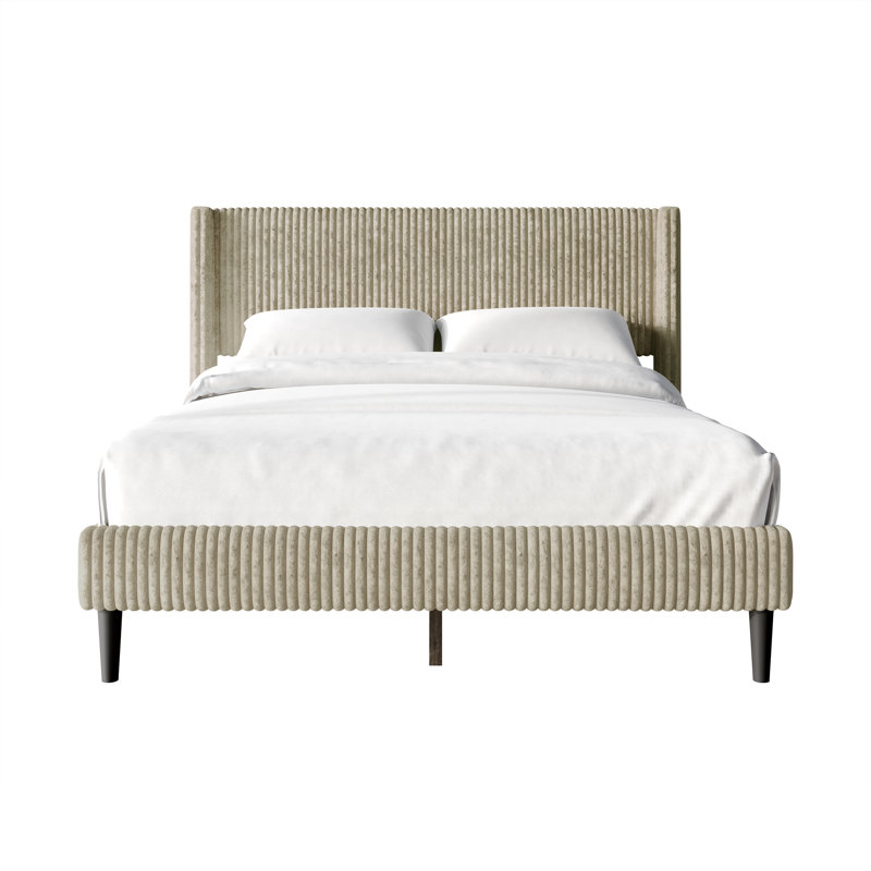 Contemporary Wingback Platform Bed, Beige, King