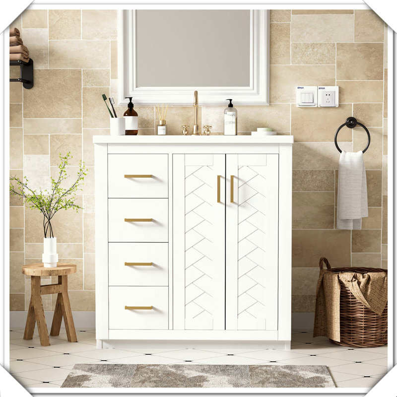 Meuble-lavabo autoportant en bois massif avec tiroirs en céramique, Blanc