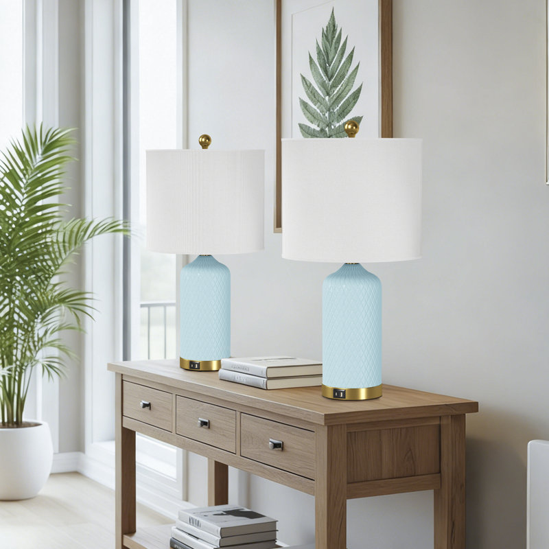 Lampe de table en céramique et en métal 22 "H avec ports USB, Bleu