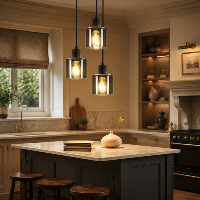 3-Light Smoked Grey Glass Kitchen Island Pendant