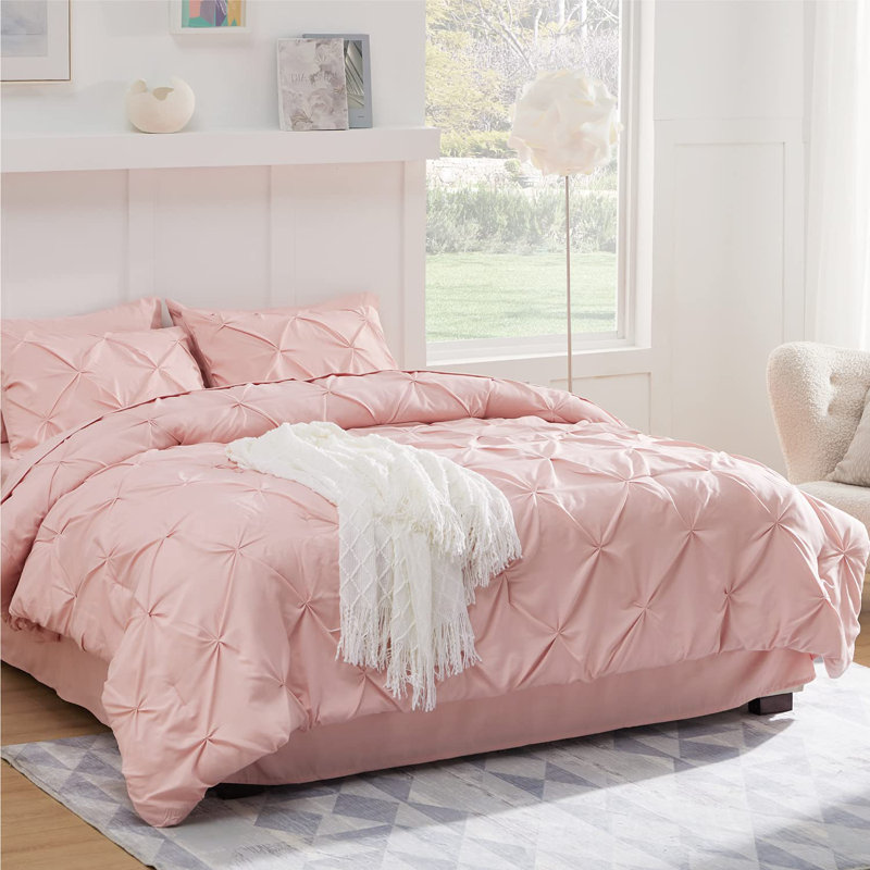 Bedsure Queen Burgundy Pintuck Bed-in-a-Bag - Mineral Blue Pinch Pleat Comforter Set with Sheets, Pillowcases & Shams (Set of 7)
