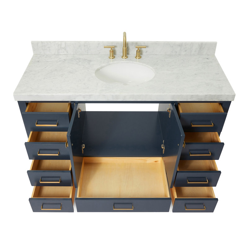 Flynt 49" Single Bathroom Vanity Set, Midnight Blue, Carrara White