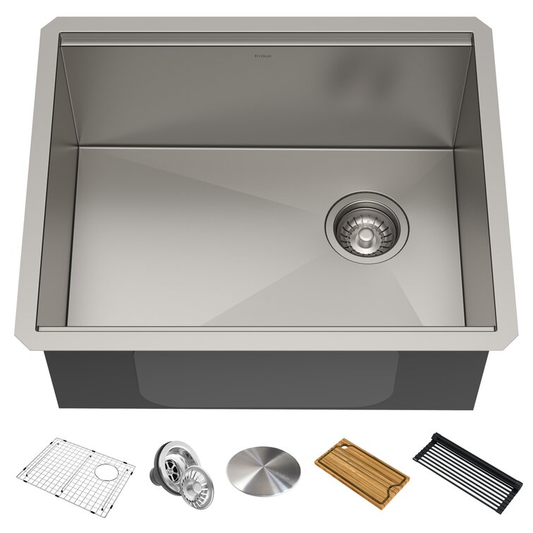 KRAUS KWU111-23 Kore Workstation 23-inch Undermount 16 Gauge Single Bowl Stainless  Steel Kitchen Sink with Integrated Ledge and Accessories (Pack of 5) 