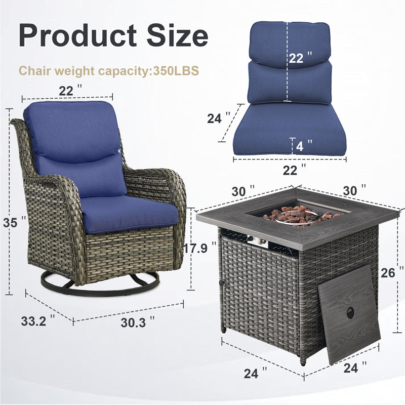 Ensemble de conversation d'extérieur 5 pièces Koba - Chaises berçantes pivotantes avec foyer, Gris, Bleu