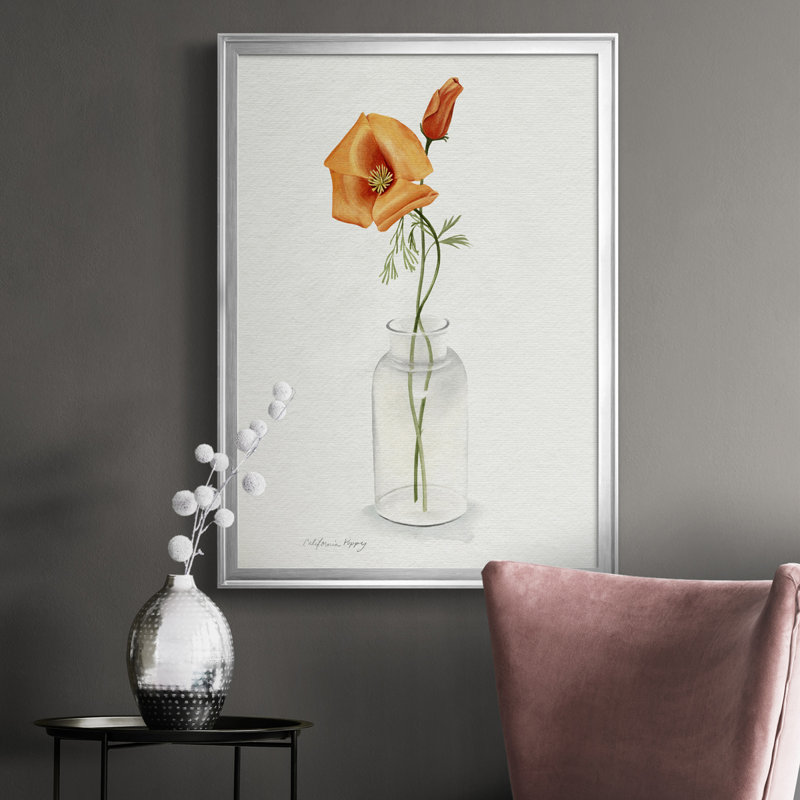 «California Poppy Vase I», toile encadrée de qualité supérieure - prête à être accrochée, H 30,5 po x l 22,5 po x P 1 po