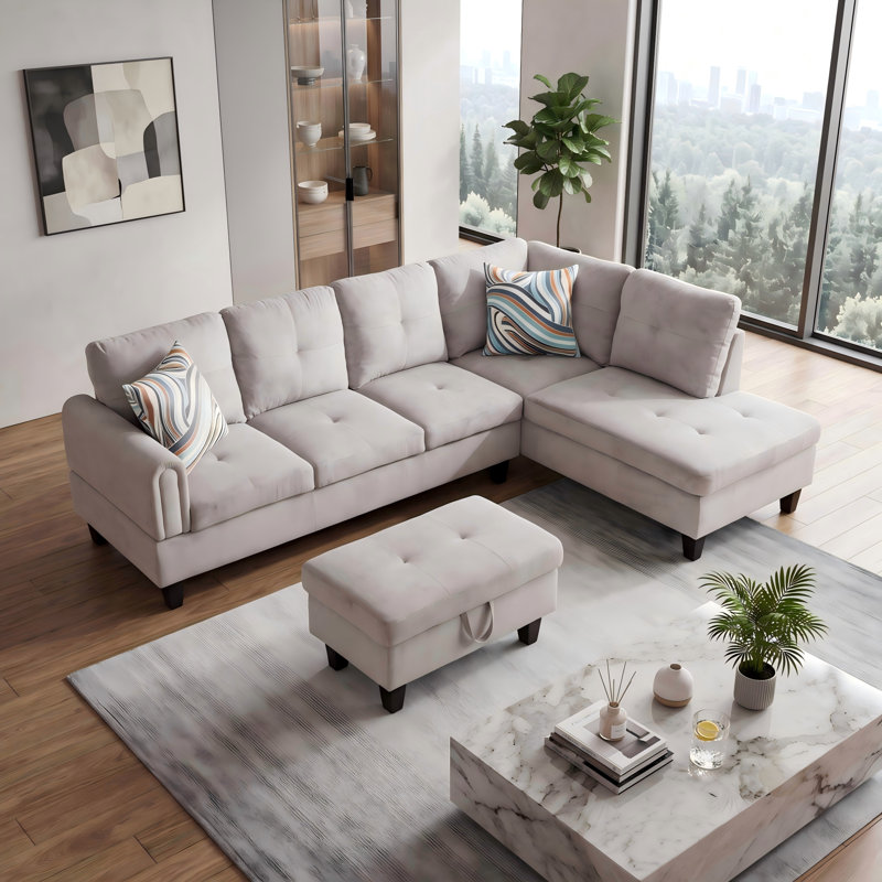 Canapé modulaire rembourré réversible avec repose-pieds, Gris / blanc / flanelle, Orienté à droite