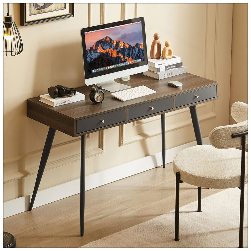 Bureau polyvalent Mid-Century avec plusieurs tiroirs pour un travail et une étude efficaces, Gris foncé / noyer