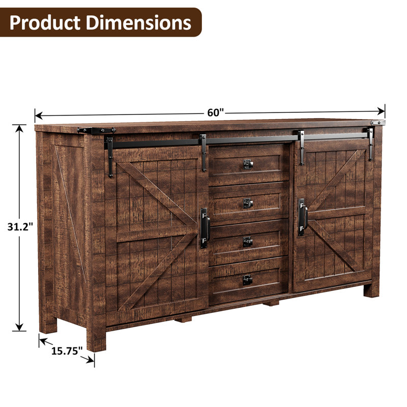 Commodes de style campagnard 60 po avec 4 tiroirs et 2 armoires, Brun