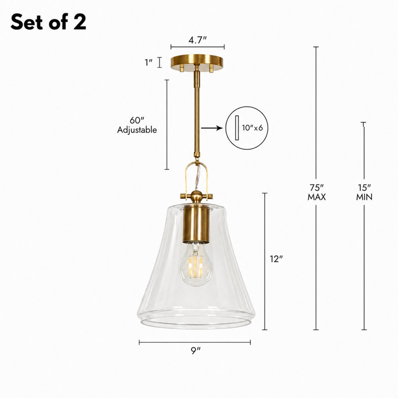 1-Light  Dimmable Transitional Kitchen Island Pendant with Clear Glass Bell (Set of 2)