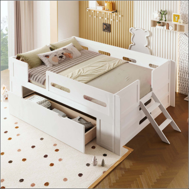 Lit plateforme en bois avec garde-corps et tiroir, Lit double, Blanc