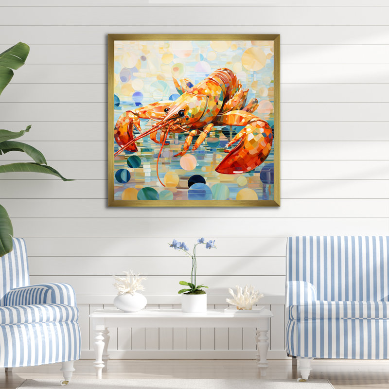 Art déco homard en orange et jaune - écrevisse, art mural, Cadre doré simple, H 36 po x l 36 po x P 1,5 po