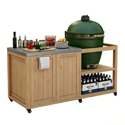 Outdoor Grill Table for Large Big Green Egg Style BBQ, Heavy Duty Solid Wood Outdoor Kitchen Island Prep Table with Cabinet, Large Big Green Egg Table with 304 Stainless Steel Tabletop (Wood)）