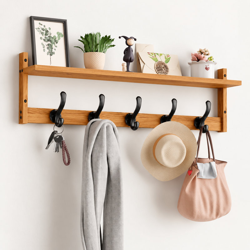 Mekhiya Bracket Shelf with 5 Hooks for Living Room, Hallway, Foyer Decor, Wood 