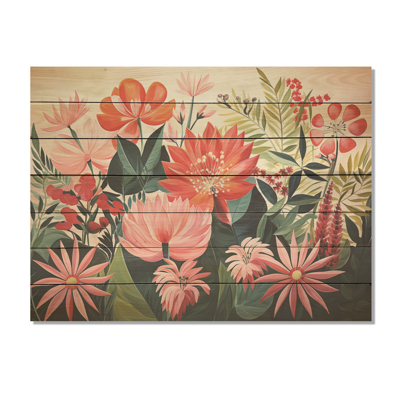 Motif floral de jungle tropicale rose III - impression florale sur bois, H 10 po x l 20 po x P 0,78 po