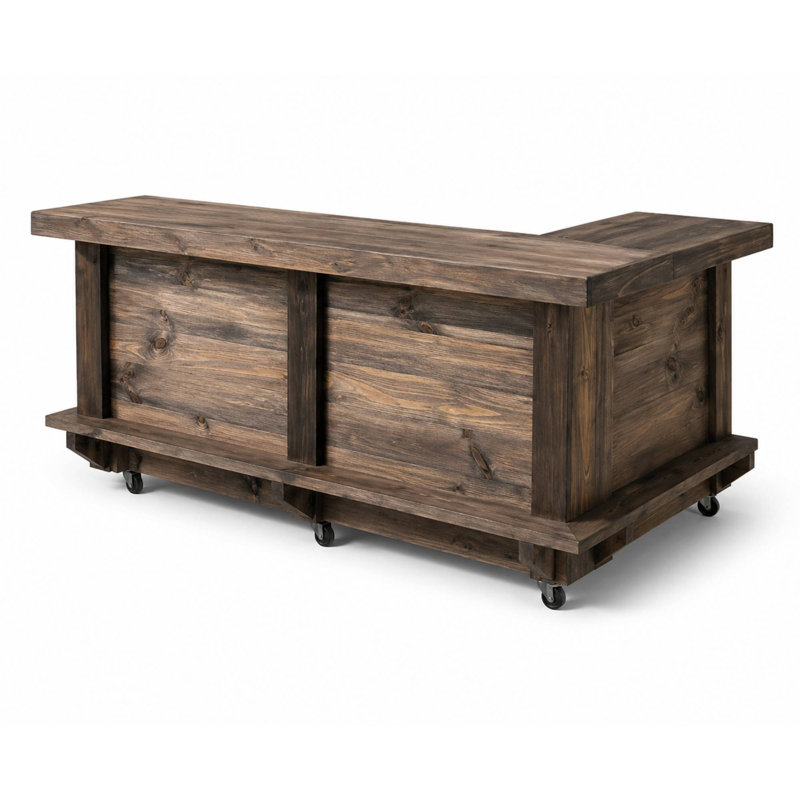 Station de barman d'extérieur en bois 7 pieds avec tablette, repose-pieds, roulettes, disposition à gauche