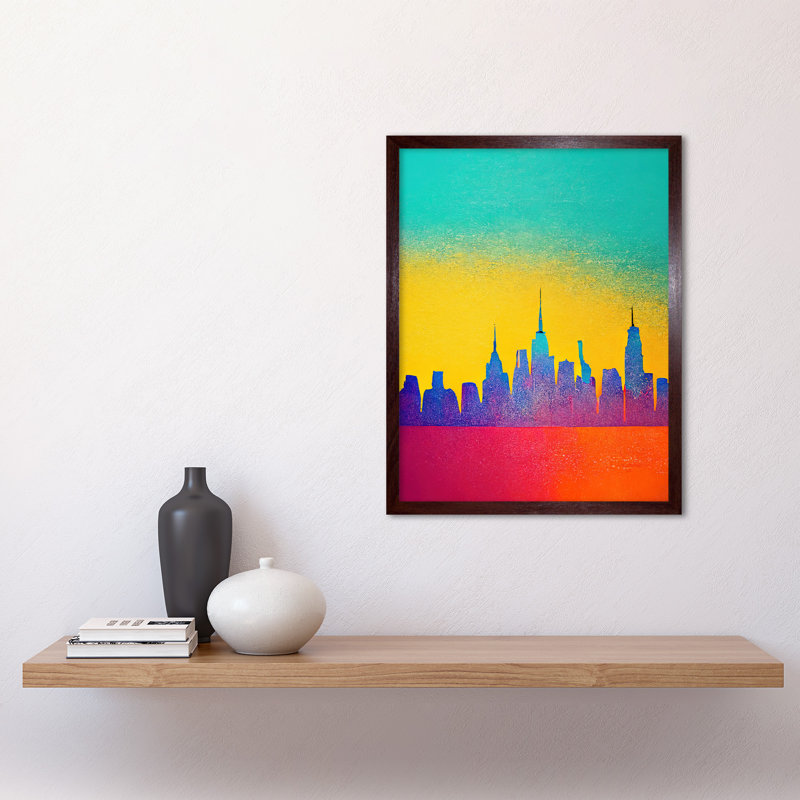 Bright Abstract New York Skyline Cityscape - Print, Brown Framed Paper, 43cm H x 33cm W x 2cm D
