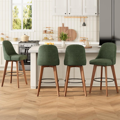 Set of 4 Counter Height Bar Stools, 360° Swivel Barstools with Linen Fabric, Wood Legs & Back, 26" Seat for Kitchen Island