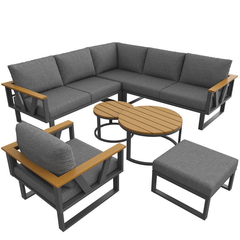 Outdoor Conversation Set 7 Places With 2 Sofas, 1 Corner Chair,1 Armchair, 1 Tabouret And 1 Coffee Table Gris