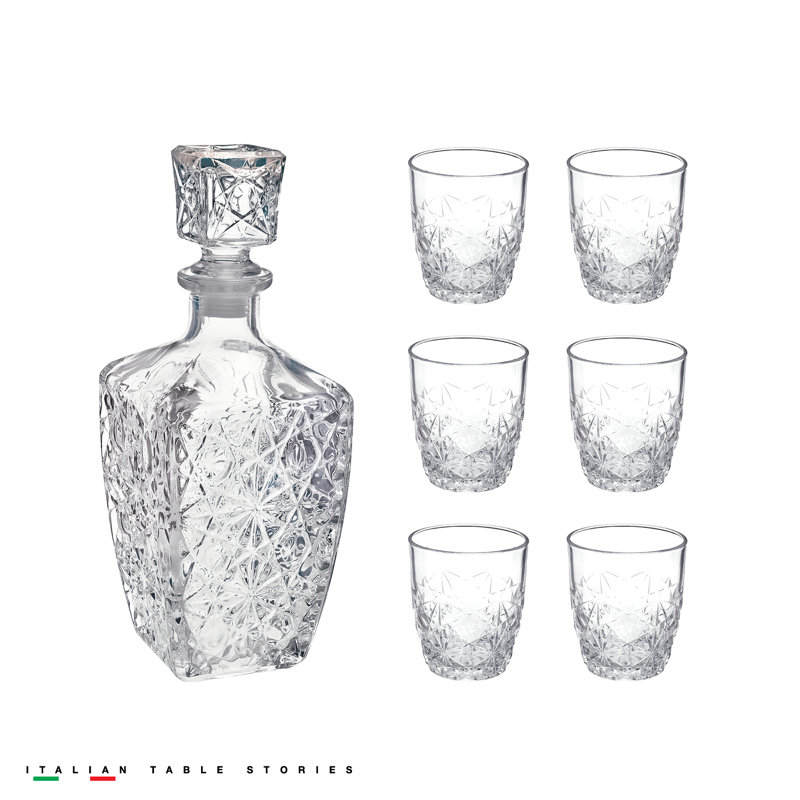 Victorian Cut Glass Whiskey Decanter Set with Six Glasses