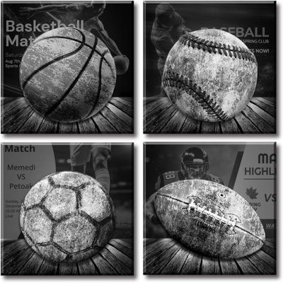 Décoration murale sport pour garçons, art mural noir et blanc, images de football rétro, football, baseball et basketball, impressions sur toile modernes, décoration pour chambre à coucher, hommes, 12 po x 12 po x 4 po