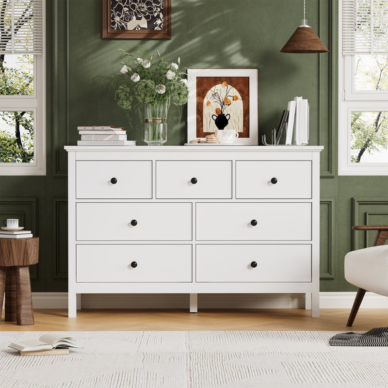 Commode 7 tiroirs l 47,2 po, commode blanche pour chambre à coucher et salon, Blanc