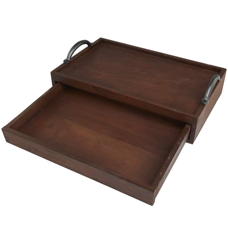 Brown Wood Hidden Drawer Living Room Decor Tray with Black Metal Handles, Brown