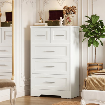 Grande commode à 5 tiroirs, commode moderne avec poignées en métal, commode pour chambre à coucher, salon, blanc