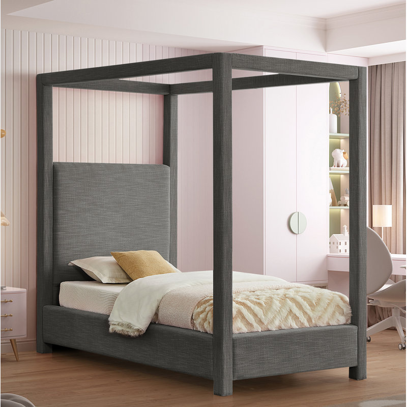 Bois massif Dunwich et plateforme rembourrée, Lin gris, Simple