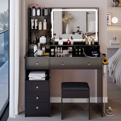 Ensemble de meuble-lavabo de 41 po avec tiroir à gauche 41 po + commode avec tabouret rembourré, 2 blocs d'alimentation AC + 2 USB, support pour séchoir à cheveux, miroir à DEL très grand à commande tactile, interrupteur 3 couleurs, certificat EPA, GCC, UL