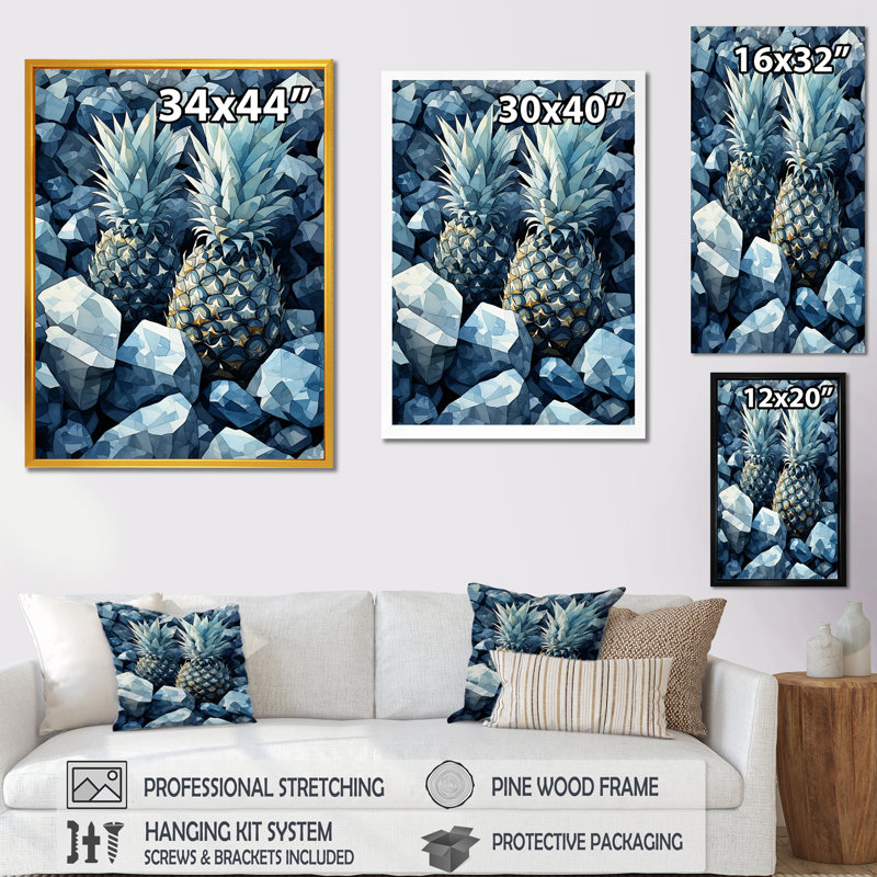 Ananas vert et bleu, paradis tropical III - ananas, art mural, Cadre simple blanc, H 40 po x l 30 po x P 1,5 po