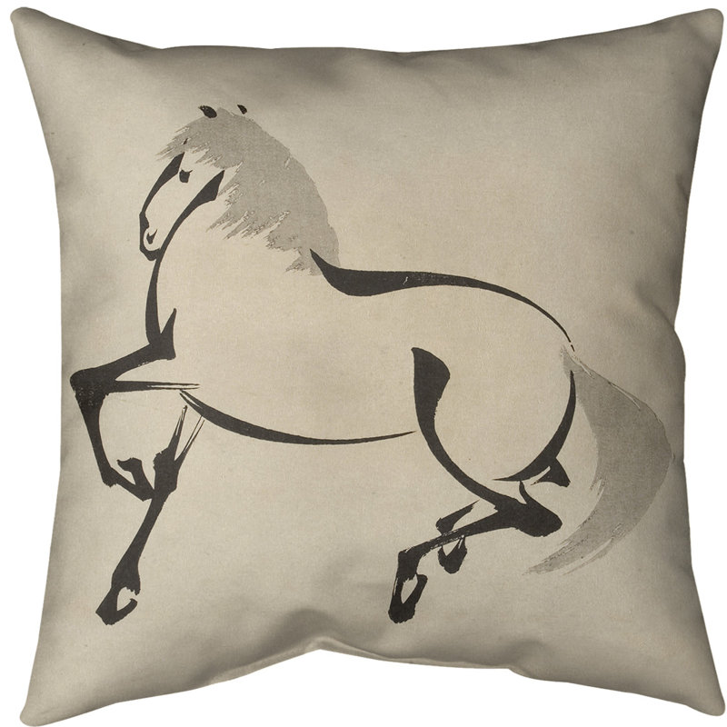 Housse de coussin carré cheval à aquarelle japonaise, 20 po x 20 po, Beige, Faux lin